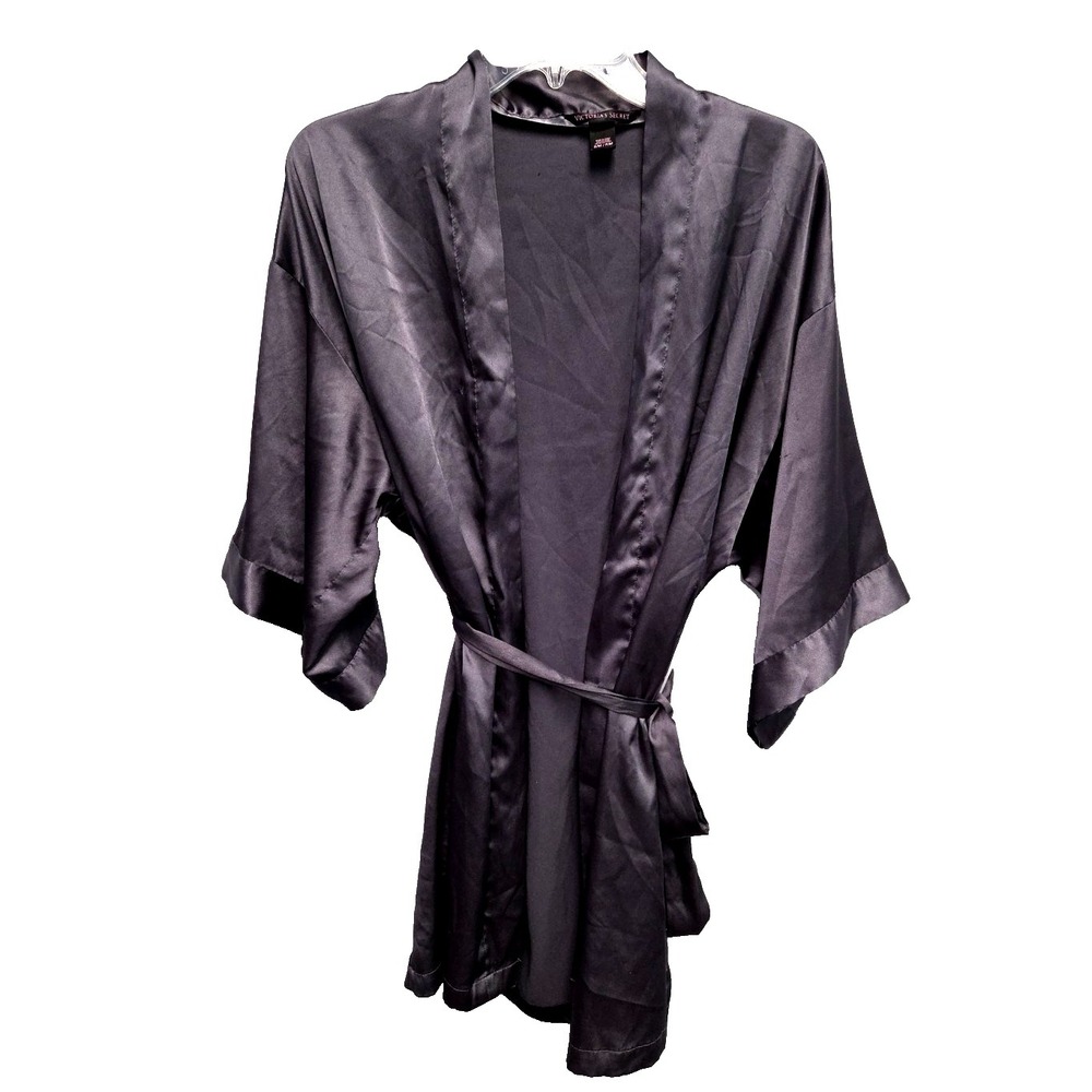 Victoria Secret Size S/M Dark Gray Satin Kimono Style Short Knee Length Robe Tie
